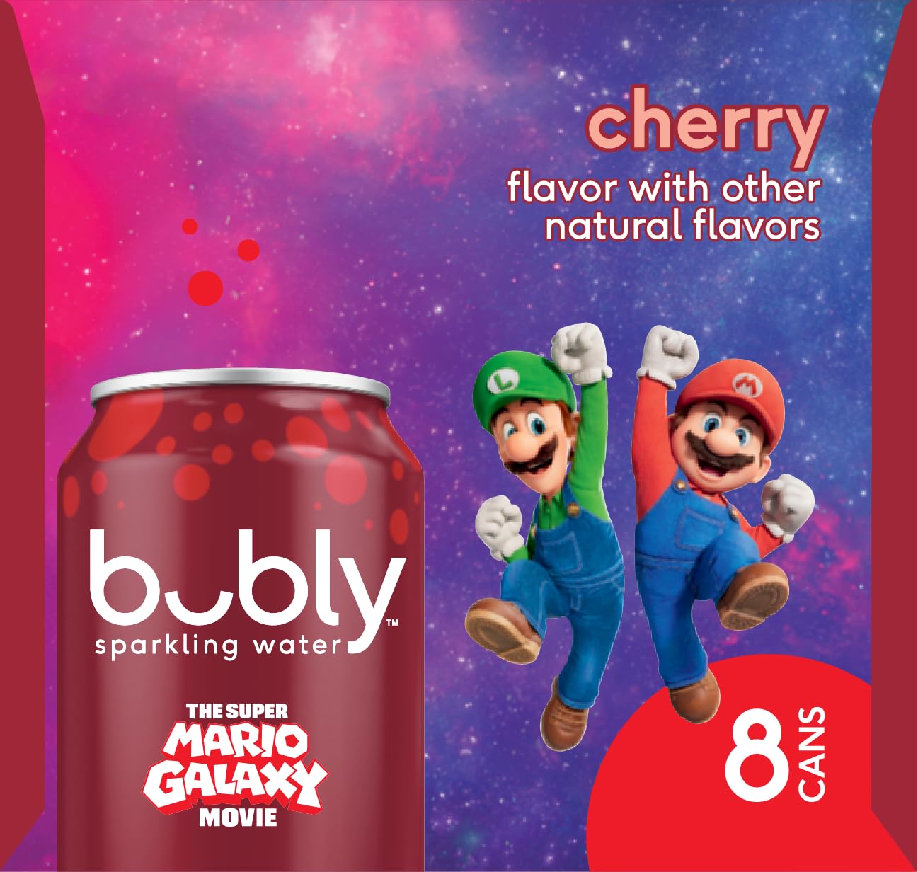 bubly Sparkling Water, The Super Mario Galaxy Movie Cherry, Zero Sugar & Zero Calories, 12 Fl Oz Cans (Pack of 8), Packaging May Vary