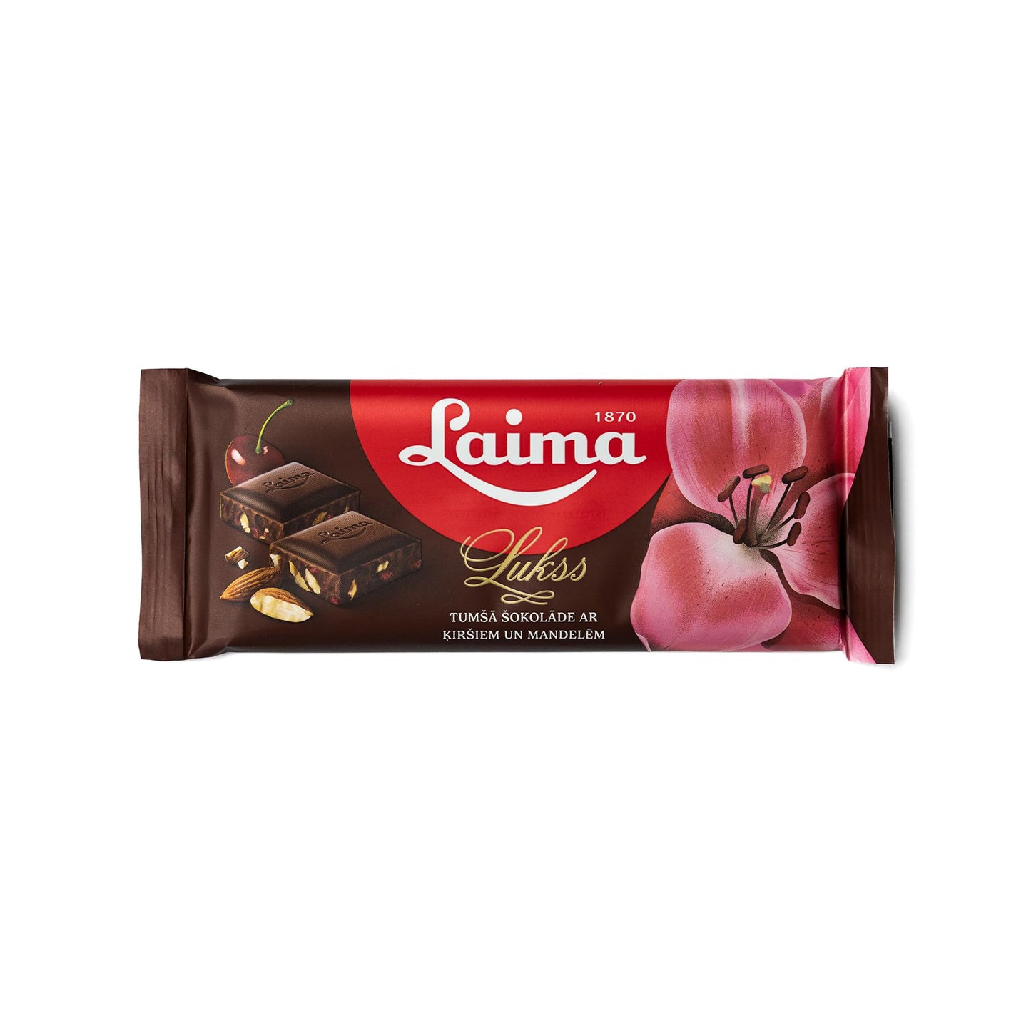 Laima Dark Chocolate (50%) with Cherries and Crushed Almonds, 90g Bars (Pack of 5), Lukss (Luxury)