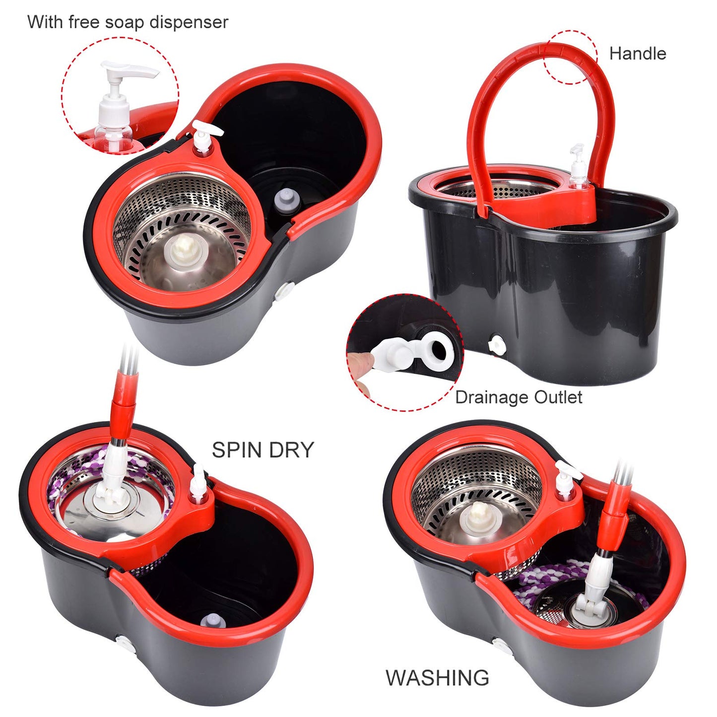 Mop and Bucket Set, 360° Spin Mop and Bucket with Wringer Set and 3 Microfiber Mop Refills, Stainless Steel 61" Extended Handle Spinning Mop Bucket