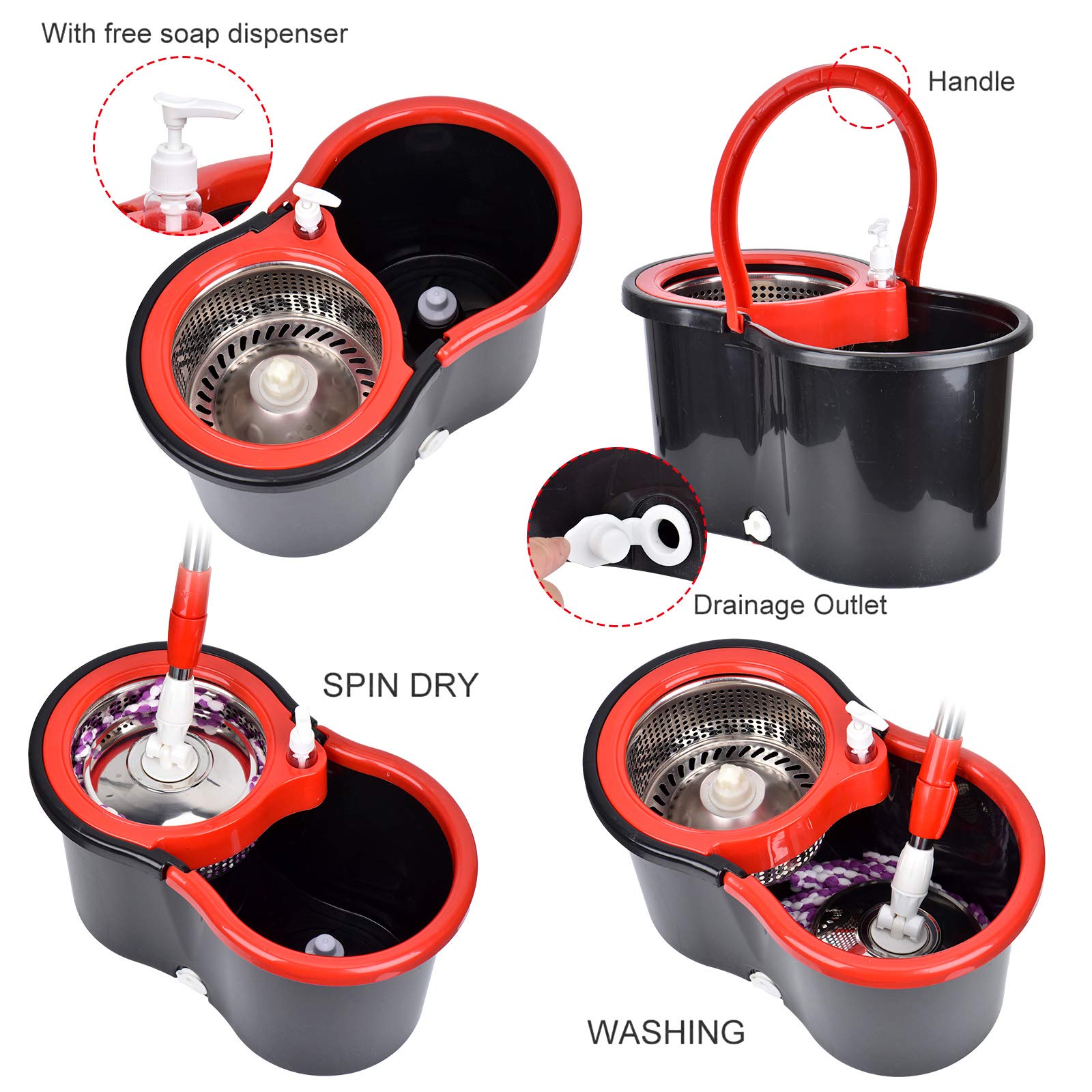 Mop and Bucket Set, 360° Spin Mop and Bucket with Wringer Set and 3 Microfiber Mop Refills, Stainless Steel 61" Extended Handle Spinning Mop Bucket