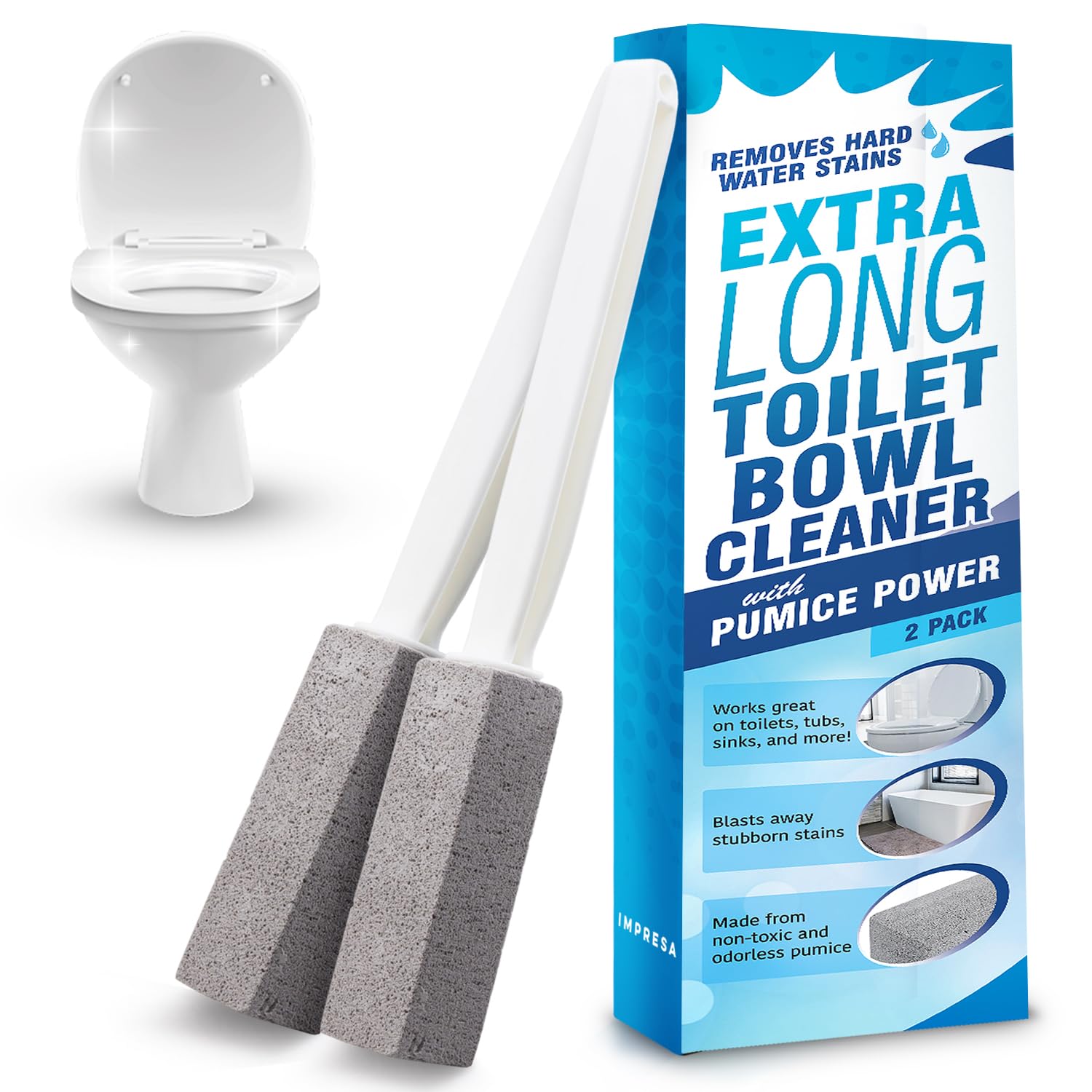 IMPRESA Pumice Stone Toilet Cleaner with Handle - 2 Count, White Hard Water Stain Remover & Toilet Bowl Cleaner - Versatile Pool Tile & Grout Cleaning