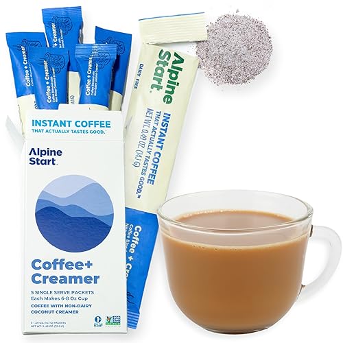 Alpine Start Premium Instant Coffee, Non-Dairy Coconut Creamer, 100% High Altitude Colombian Arabica Coffee, Non-GMO, Dairy Free, Soy Free, 5 Single