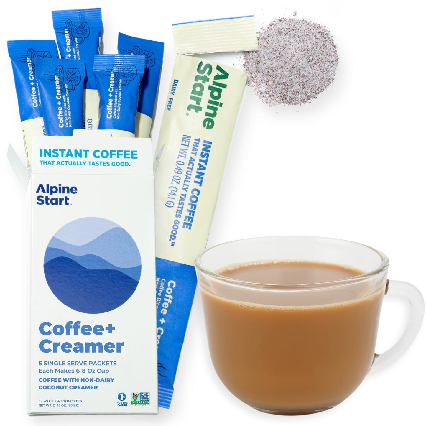 Alpine Start Premium Instant Coffee, Non-Dairy Coconut Creamer, 100% High Altitude Colombian Arabica Coffee, Non-GMO, Dairy Free, Soy Free, 5 Single