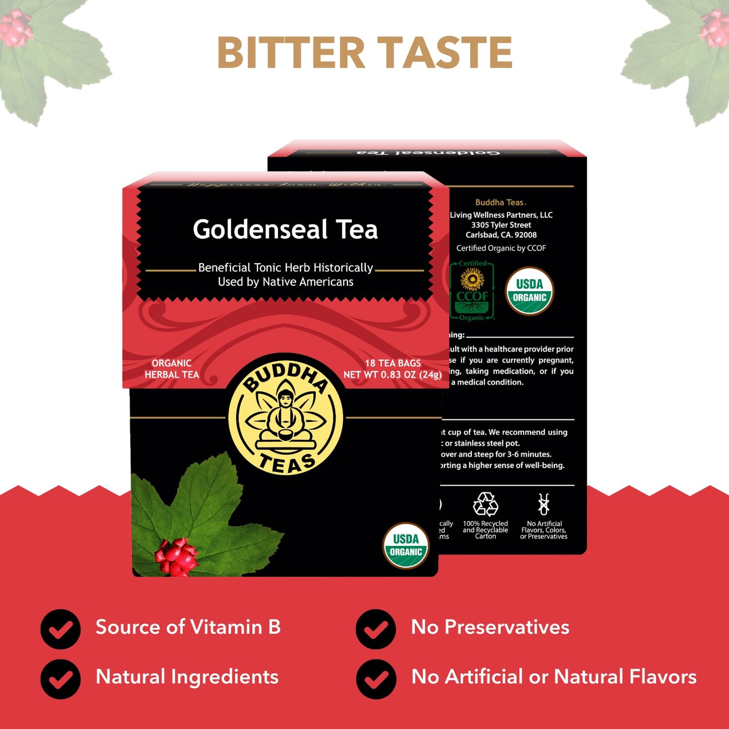 Buddha Teas Organic Goldenseal Tea - OU Kosher, USDA Organic, CCOF, 18 Bleach-Free Tea Bags