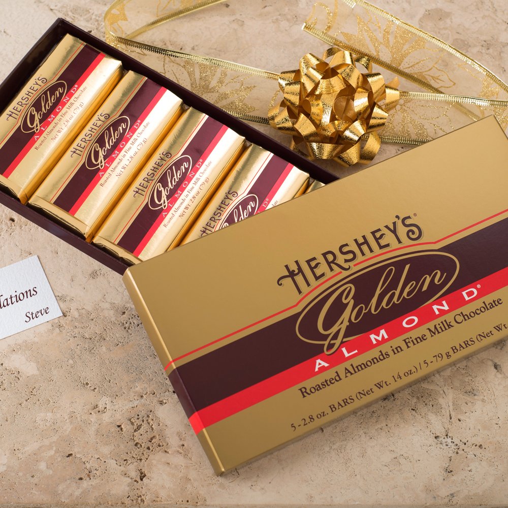 HERSHEY'S GOLDEN ALMOND Chocolate Bar, Roasted Almonds in Fine Milk Chocolate Candy Bar, Individually Wrapped Bars in Gift Box, 14 Ounce Box