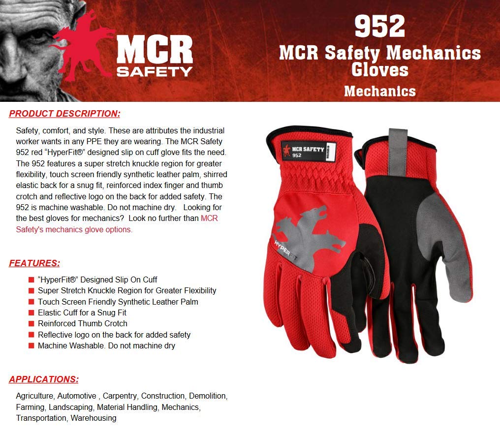 MCR Safety 952M HyperFit Mechanics Work Gloves, Synthetic Leather Palm Reflective Logo on Super