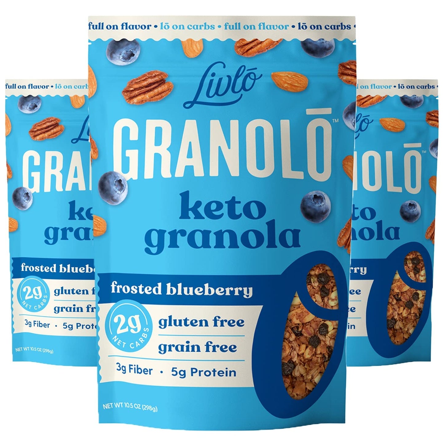 Livlo Keto Nut Granola Cereal - Only 2g Net Carb & Zero Added Sugar - Low Carb, Grain Free & Gluten Free Healthy Snack - Frosted Blueberry, 10.5 oz (3