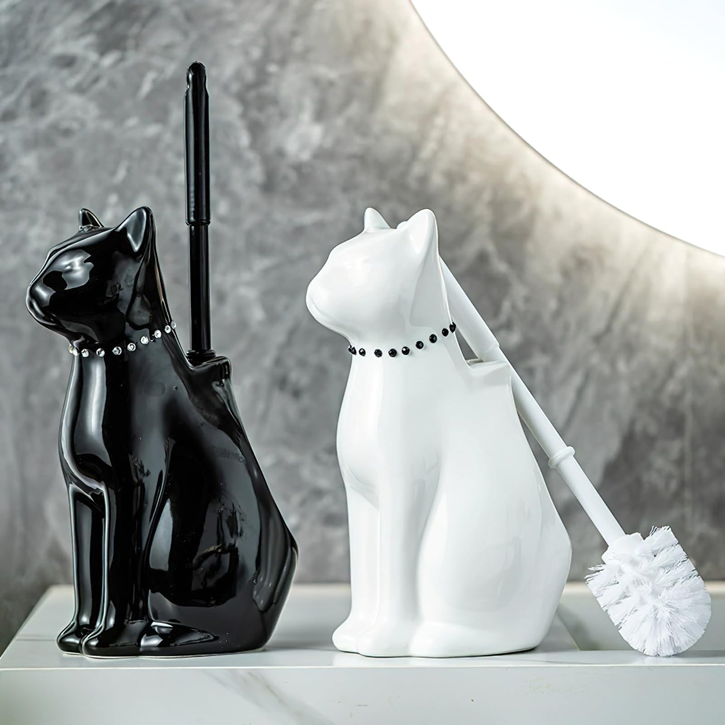 Cat Toilet Brush Holder - Ceramic Whimsical Feline Design with Wide-Mouth Storage, Black Toilet Bowl Brush and Holder Set Cute for Bathroom Ground