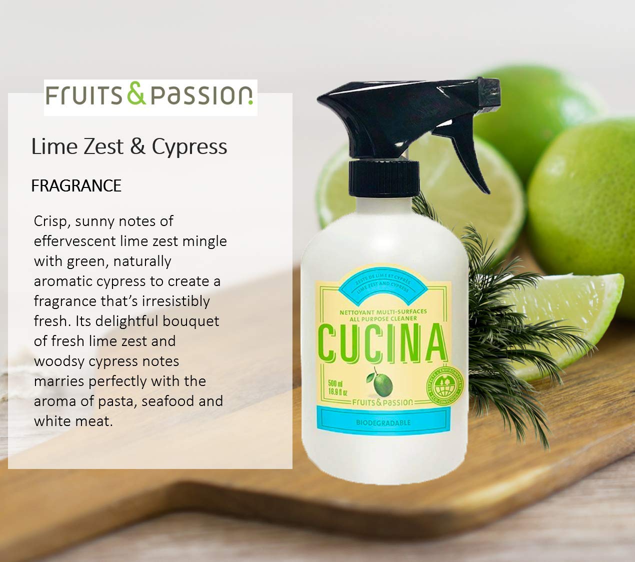 Fruits and Passion Cucina Biodegradable Water Based All Purpose Cleaner Household Multi-Surface Spray Bottle Cleaner 500 Milliliter (Lime Zest