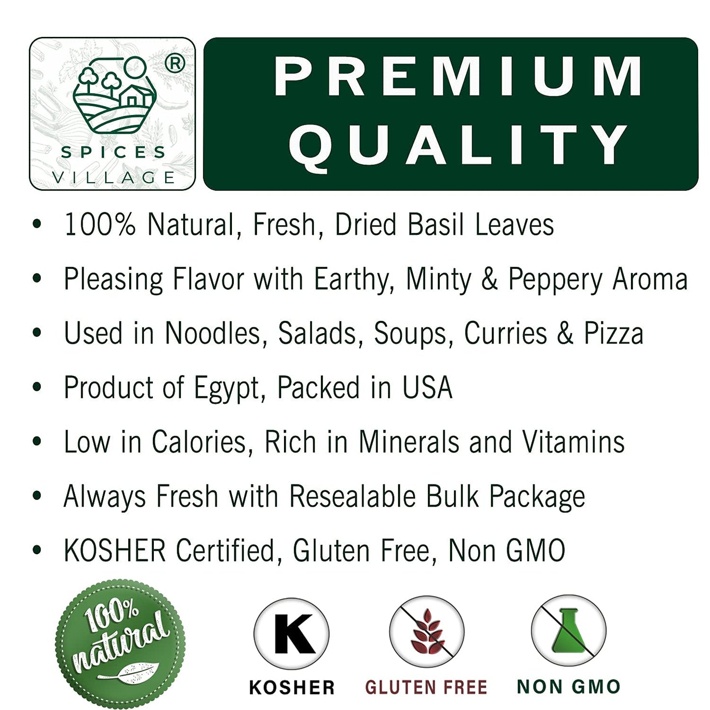 SPICES VILLAGE Dried Basil (2.3 oz), Basil Spice, All Natural Fresh Leaves, Pure Mediterranean Seasoning - Kosher Certified, Gluten Free, Non GMO