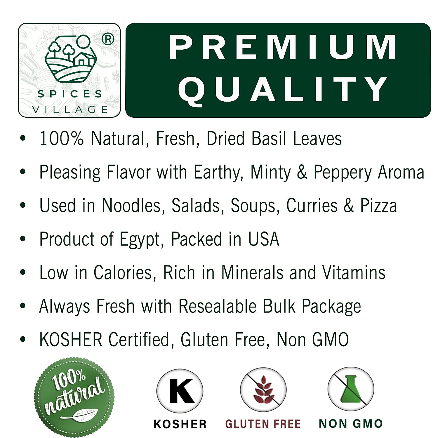 SPICES VILLAGE Dried Basil (2.3 oz), Basil Spice, All Natural Fresh Leaves, Pure Mediterranean Seasoning - Kosher Certified, Gluten Free, Non GMO