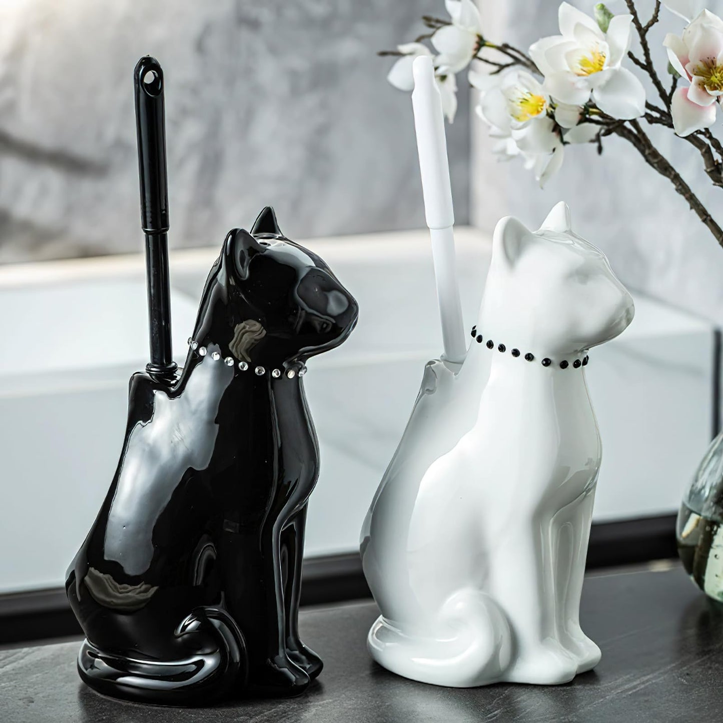 Cat Toilet Brush Holder - Ceramic Whimsical Feline Design with Wide-Mouth Storage, Black Toilet Bowl Brush and Holder Set Cute for Bathroom Ground