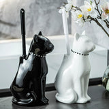 Cat Toilet Brush Holder - Ceramic Whimsical Feline Design with Wide-Mouth Storage, Black Toilet Bowl Brush and Holder Set Cute for Bathroom Ground