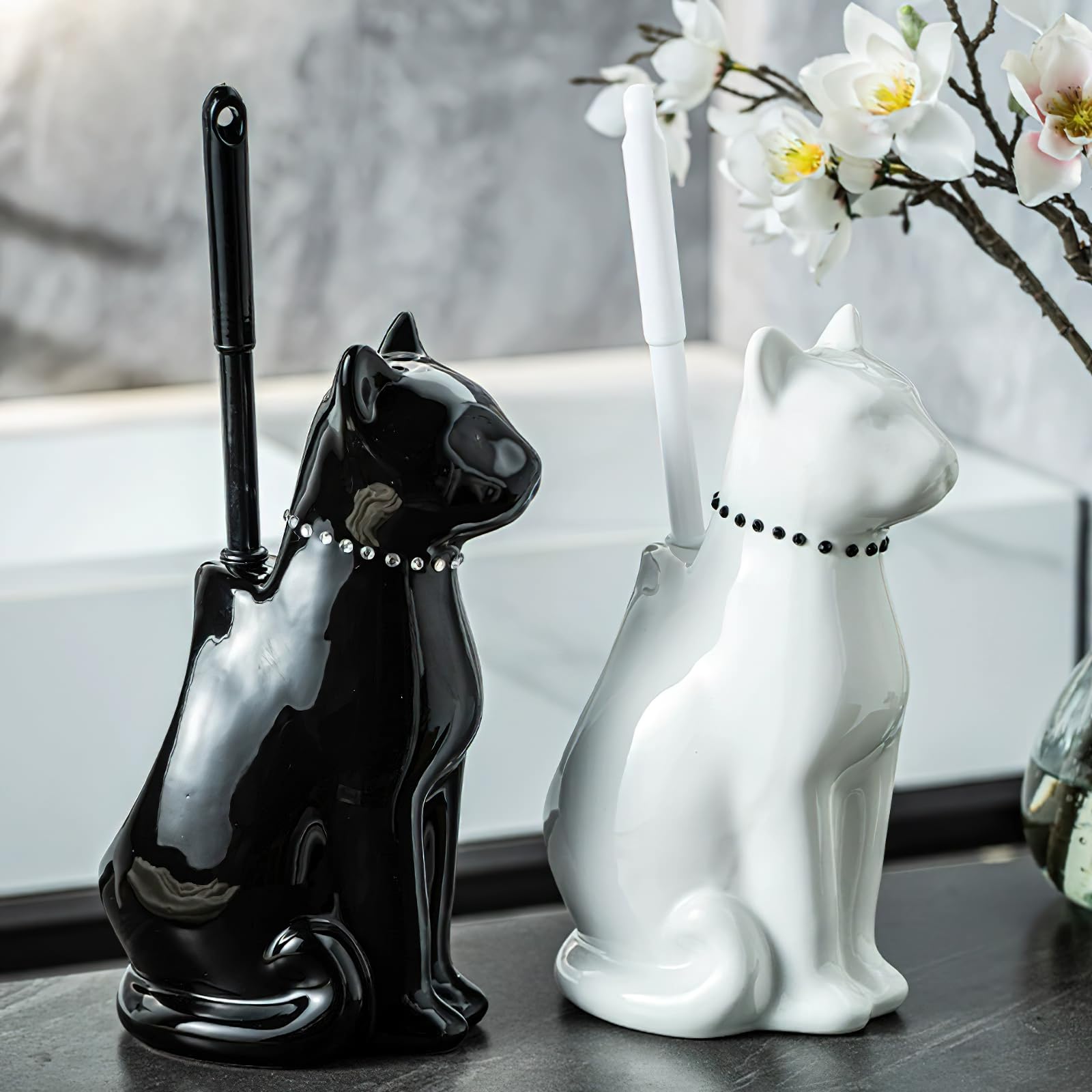 Cat Toilet Brush Holder - Ceramic Whimsical Feline Design with Wide-Mouth Storage, Black Toilet Bowl Brush and Holder Set Cute for Bathroom Ground
