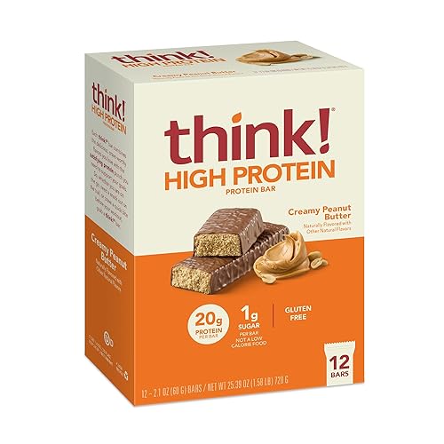 think! Protein Bars, High Protein Snacks, Gluten Free, Kosher Friendly, Creamy Peanut Butter, Nutrition Bars, 2.1 Oz per Bar, 12 Count (Packaging May