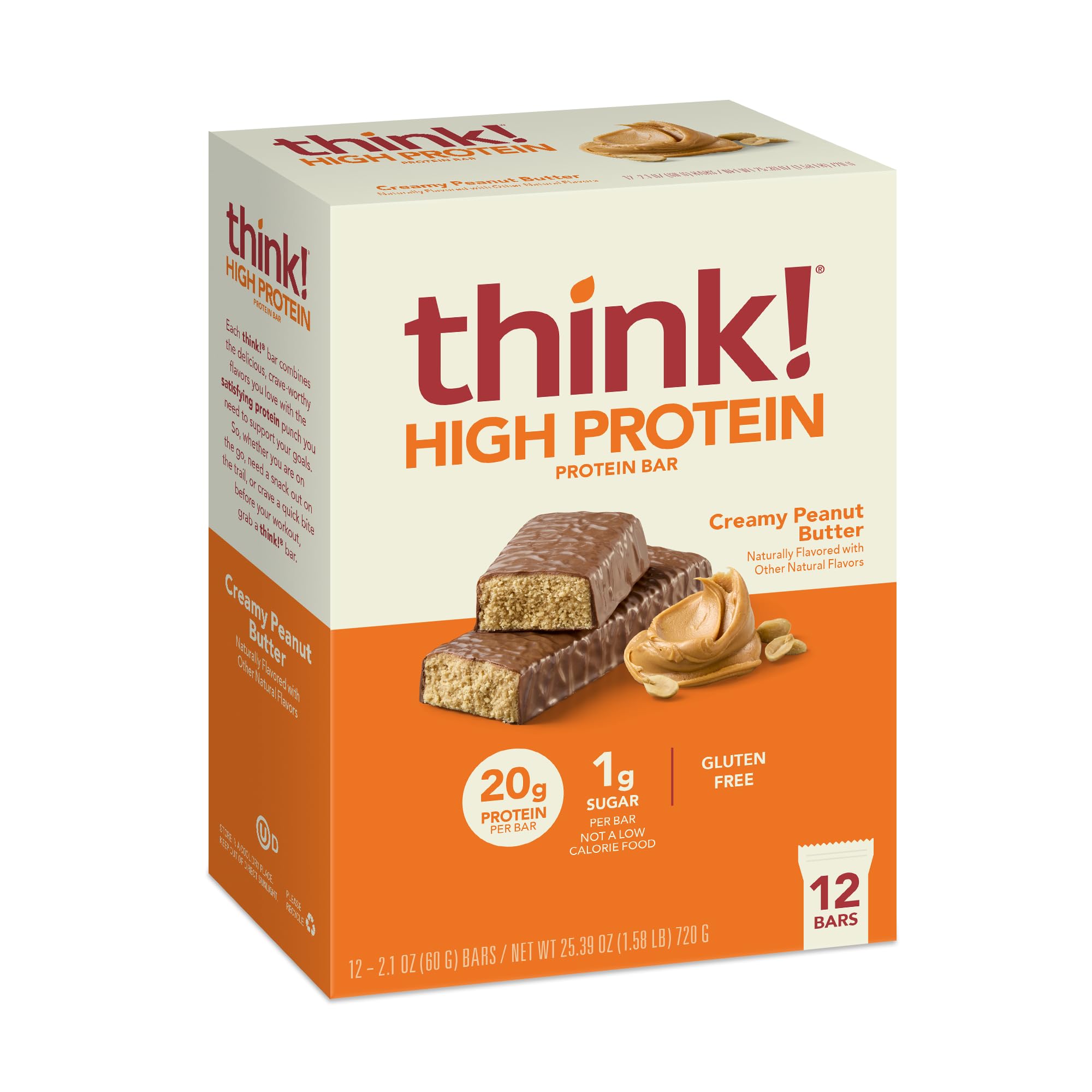 think! Protein Bars, High Protein Snacks, Gluten Free, Kosher Friendly, Creamy Peanut Butter, Nutrition Bars, 2.1 Oz per Bar, 12 Count (Packaging May
