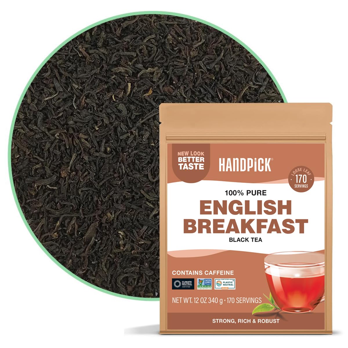 HANDPICK, English Breakfast Tea Loose Leaf (340g/12oz) Strong, Robust, High Caffeine Black Tea Loose Leaf | Non-GMO | Resealable, Ziplock Pouch | Brew