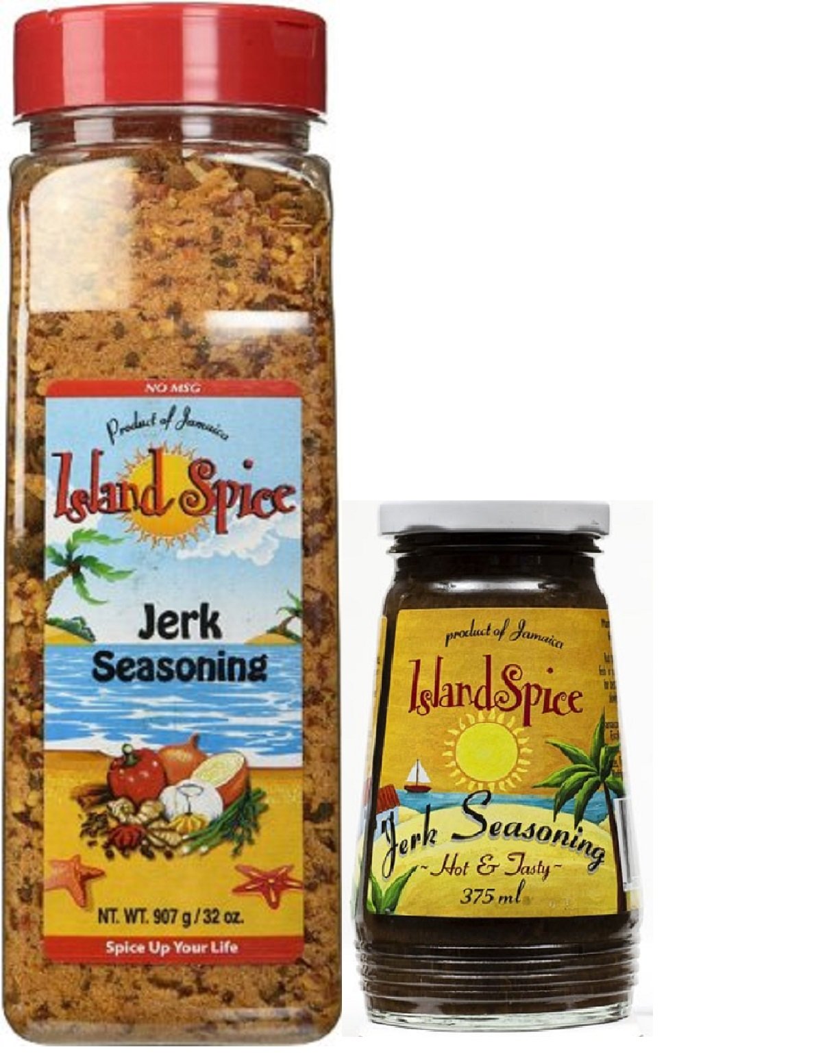 Island Spice Jamaican Jerk Seasoning Bundle: Jerk Seasoning 32oz Restaurant Size, Jerk Seasoning Marinade Hot & Tasty 12oz