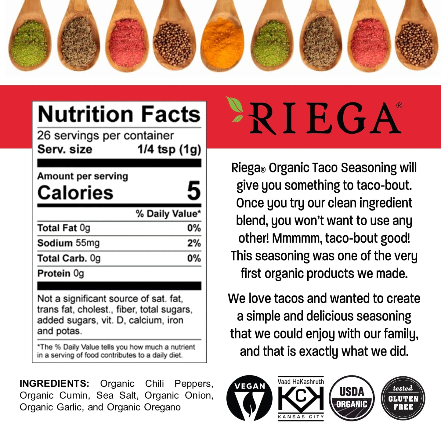 Riega Organic Taco Seasoning, Perfect Tex Mex Spice Mix for Taco Tuesday and Chili (Taco, 0.9 Ounce (Pack of 1))
