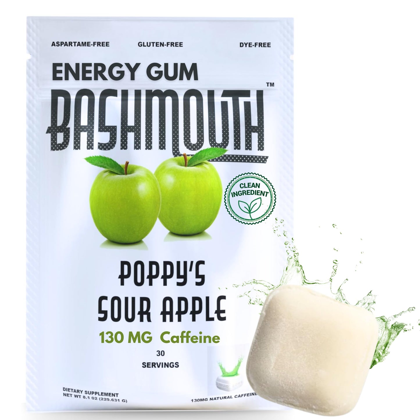 Bashmouth Energy Gum | 130mg Natural Caffeine Per Piece | Energizing Chews for Performance & Focus | Sugar Free, No Dyes, No Aspartame | 30 Pieces