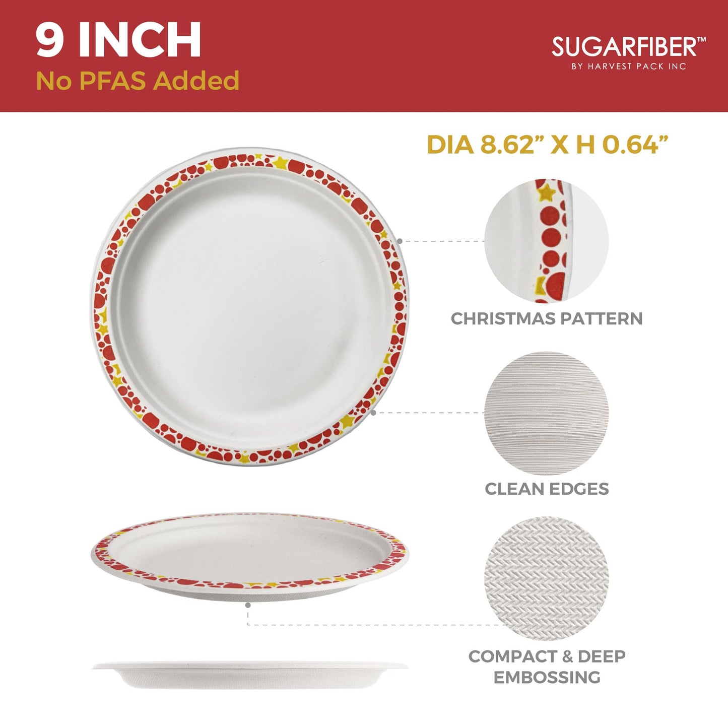 [50 COUNT] Harvest Pack 9" Christmas Paper Plates, Compostable Disposable White Round Dinner Paper Plates with Gold Red Trim, Natural PFAS Free