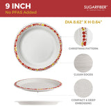 [50 COUNT] Harvest Pack 9" Christmas Paper Plates, Compostable Disposable White Round Dinner Paper Plates with Gold Red Trim, Natural PFAS Free