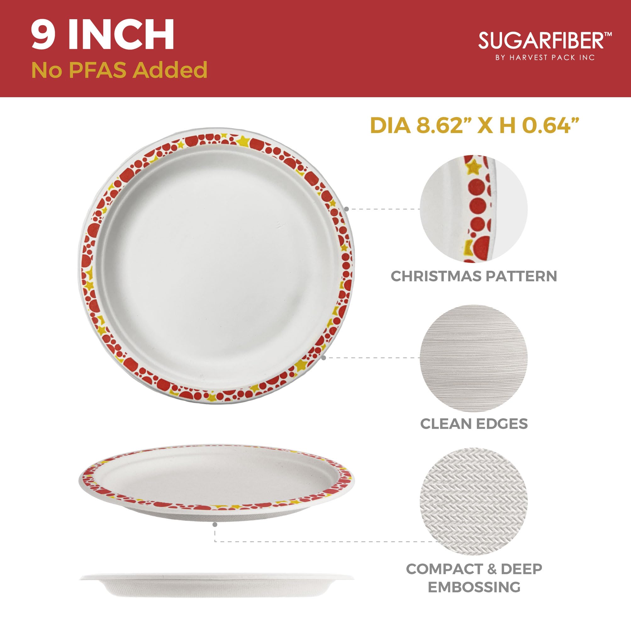 [50 COUNT] Harvest Pack 9" Christmas Paper Plates, Compostable Disposable White Round Dinner Paper Plates with Gold Red Trim, Natural PFAS Free