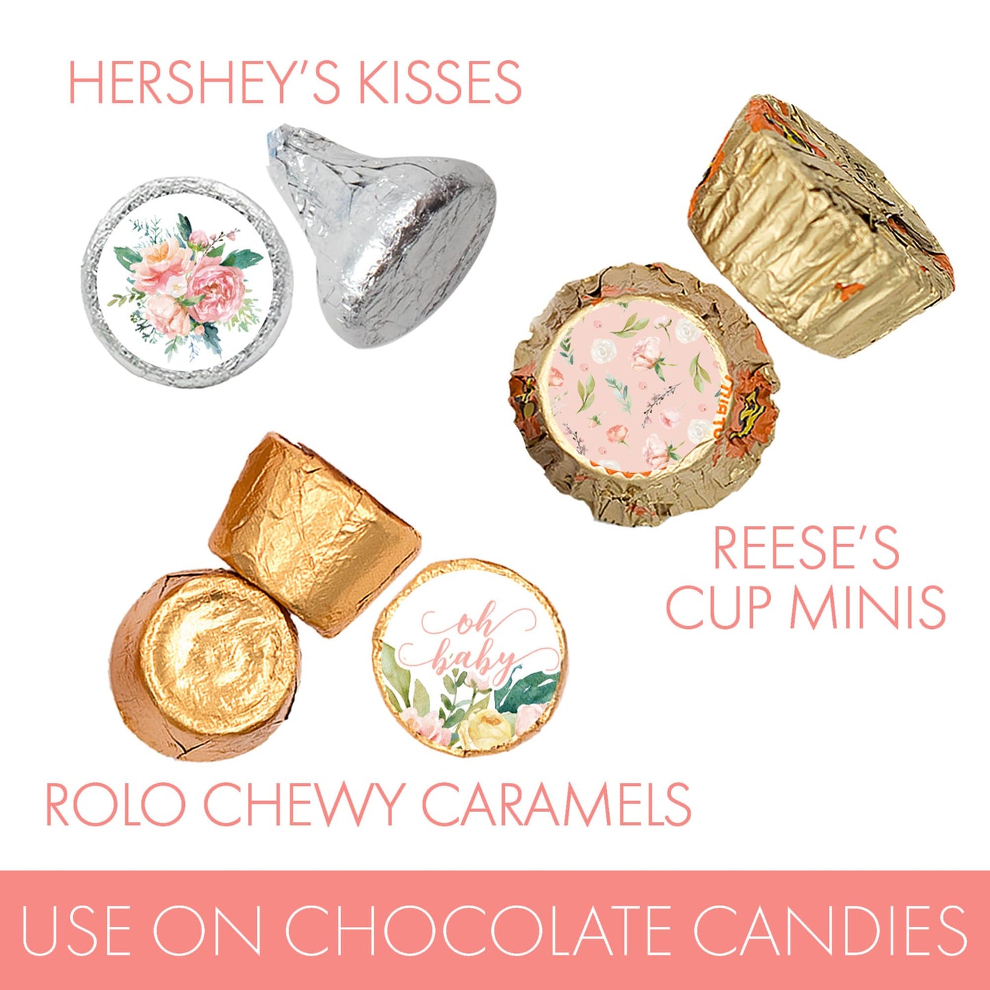 Baby in Bloom Party Favor Stickers, Pink Floral Baby Shower Chocolate Kisses Candy Labels - 180 Count