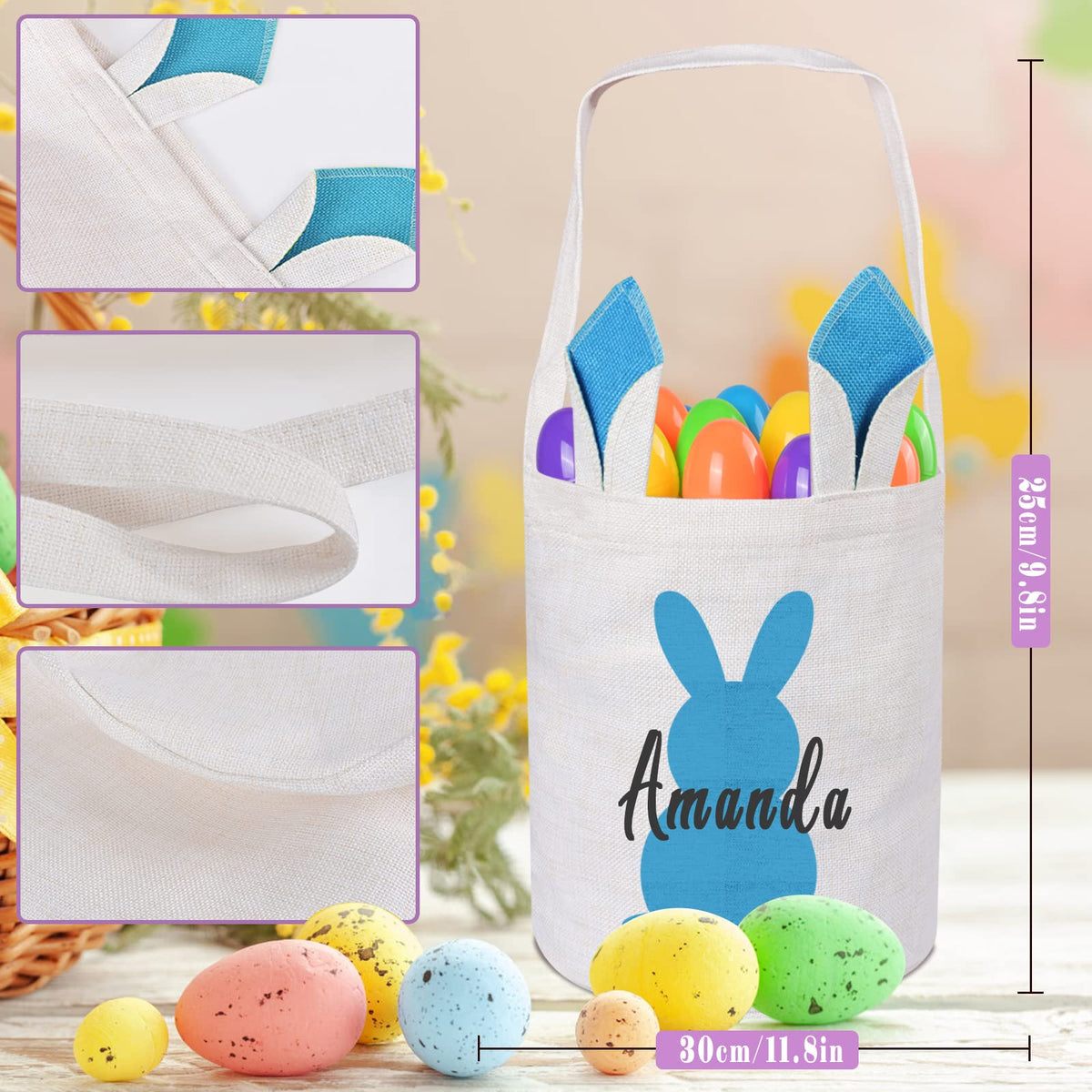 2 Pack Touber Personalized Easter Basket, Easter Bunny Basket with Ears Easter Baskets for Girls Boys Easter Eggs Hunt Baskets for Kids Personalized