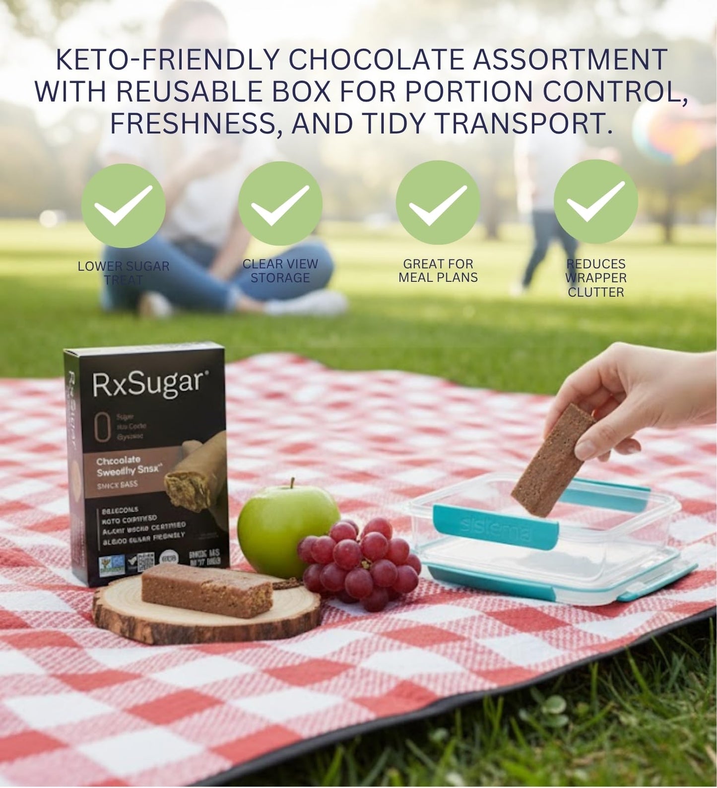 5x Plant Based Keto Choco Bar 8 oz Bundle with Sandwich Box - Dark Chocolate Vegan Snack Bars with Protein Blend and Reusable Food Container