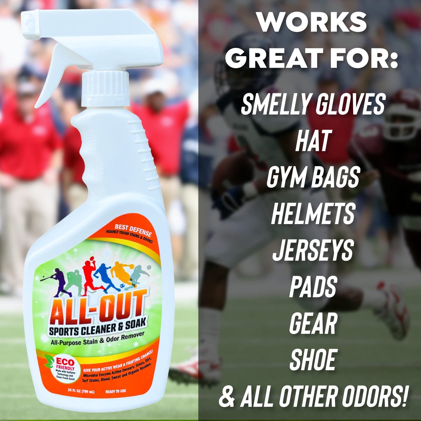 All Out Sports Stain Cleaner | Remove Stains from Shoes, Jerseys, Hats, Pants, Clothing, Helmets, Gloves Etc | Long-Lasting Soak & Clean Formula |