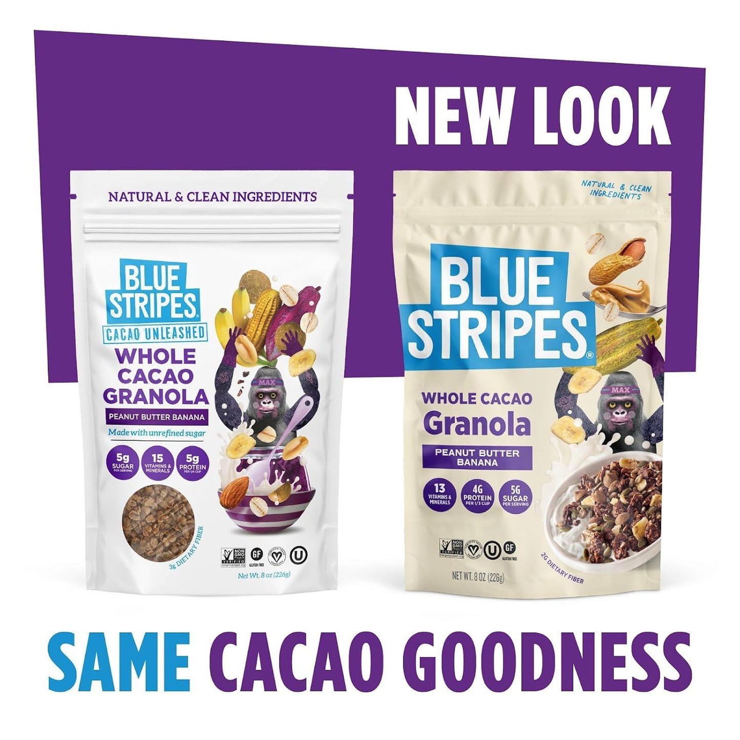 Blue Stripes Whole Cacao Granola - Gluten Free Dark Chocolate Granola for Cereal, Oatmeal, Yogurt, 5g Protein Per Serving, Source of Fiber, Vegan, Low