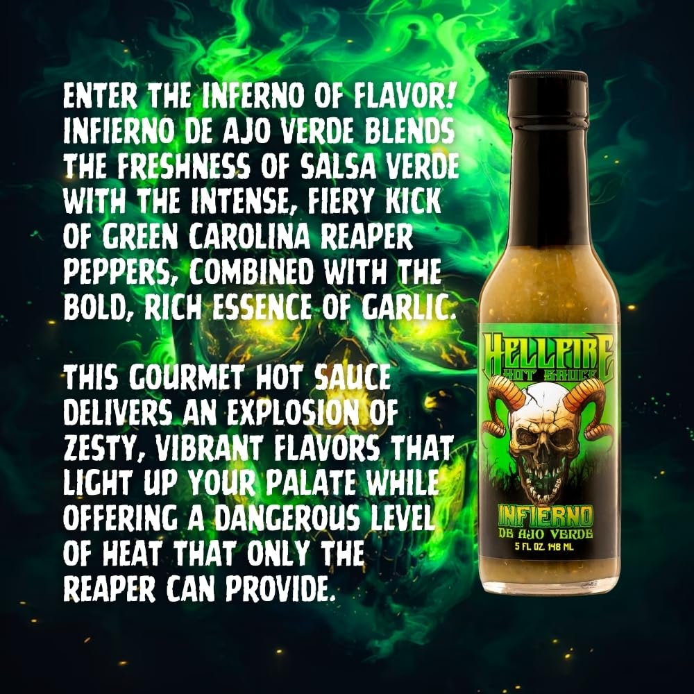 Hellfire Hot Sauce Infierno De Ajo Verde - Garlic Salsa Verde Gourmet Hot Sauce With Green Carolina Reaper Peppers, 5 oz.
