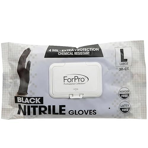 ForPro Professional Collection Disposable Nitrile Gloves, Chemical Resistant, Powder-Free, Latex-Free, Non-Sterile, Food Safe, 4 Mil, Black, Large