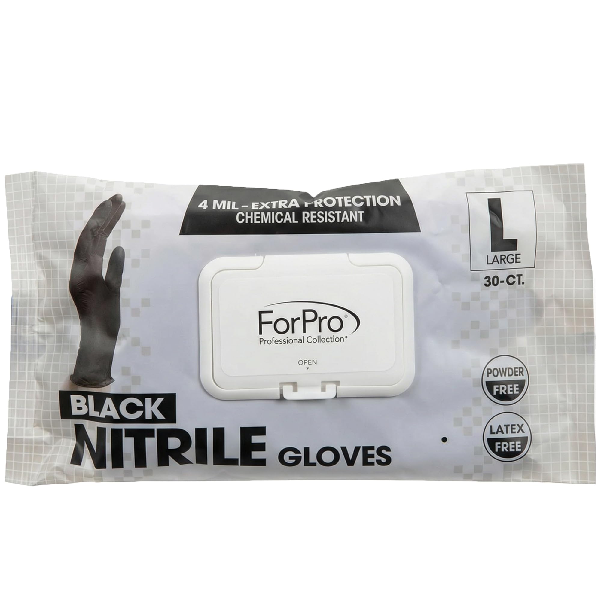 ForPro Professional Collection Disposable Nitrile Gloves, Chemical Resistant, Powder-Free, Latex-Free, Non-Sterile, Food Safe, 4 Mil, Black, Large