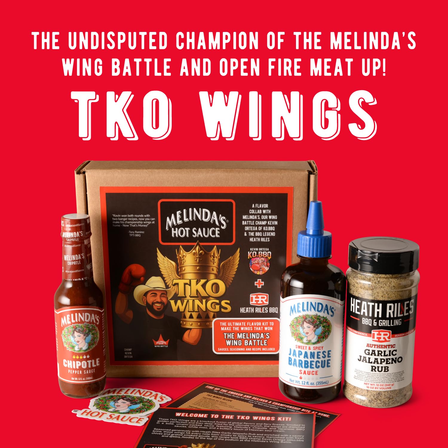 Melinda’s TKO Wing Recipe Kit - Championship Flavor Set with Japanese BBQ Sauce, Chipotle Pepper Sauce, Heath Riles Garlic Jalapeño Rub, and Recipe