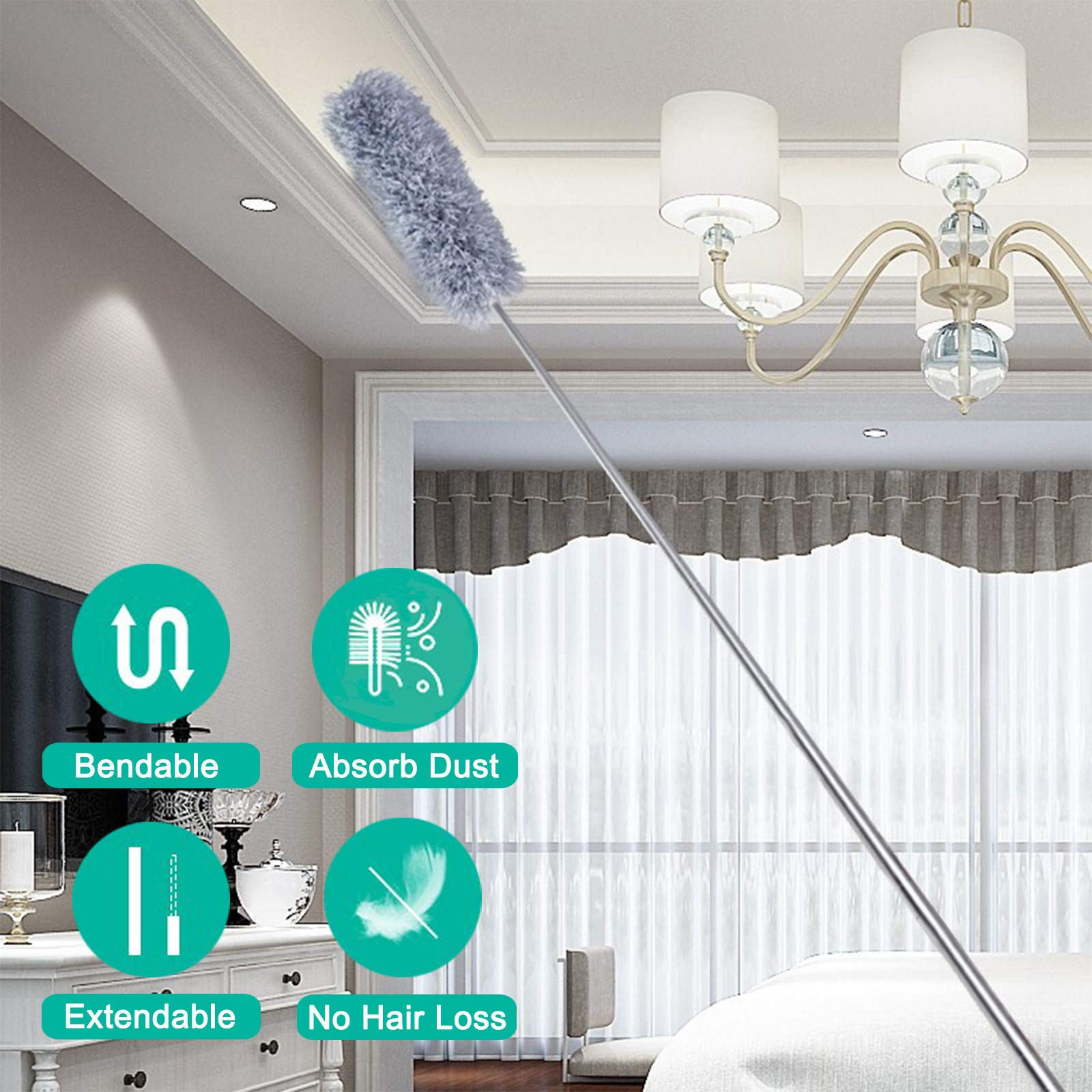 Microfiber Feather Duster, Extendable Cobweb Duster with 100 inches Extension Pole, Bendable & Washable & Lightweight Dusters for Cleaning Ceiling