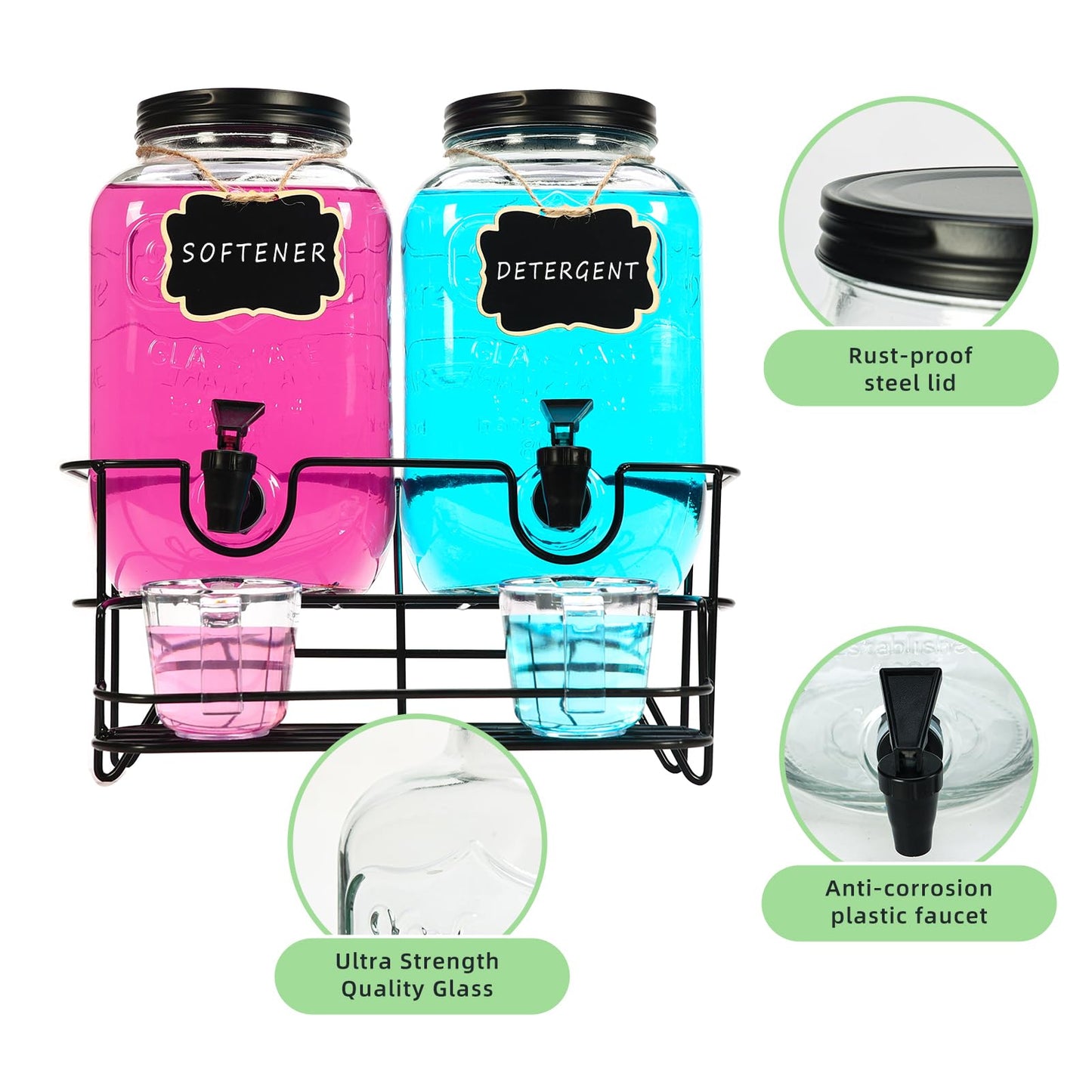 Roetell 2 Sets 1 Gallon Laundry Detergent Dispenser with Stand, Measuring Cup, Glass Laundry Detergent Containr for Laundry Room Organization