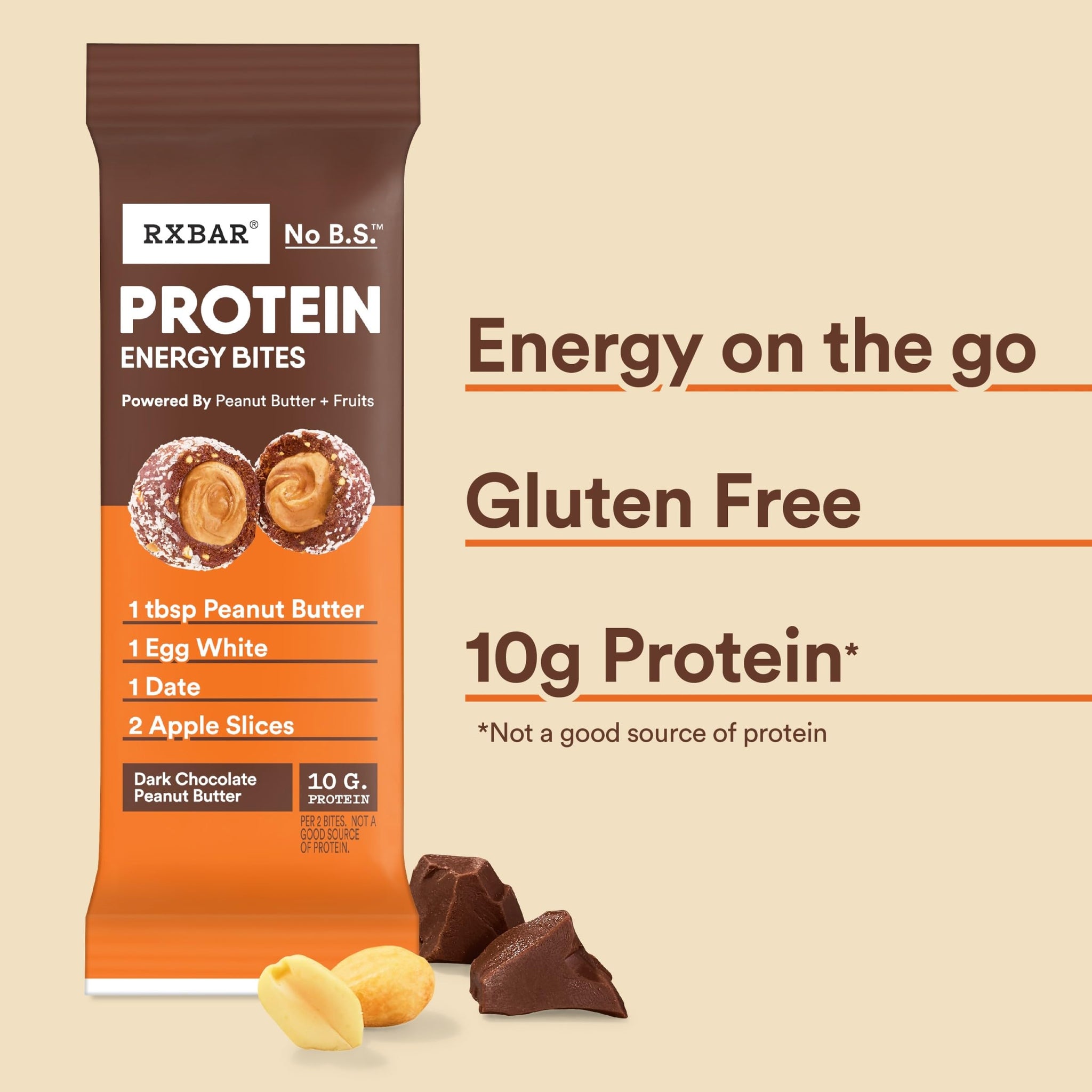 RXBAR Protein Energy Bites, Gluten Free Protein Balls, Dark Chocolate Peanut Butter, 8.8oz Box (10 Bites)