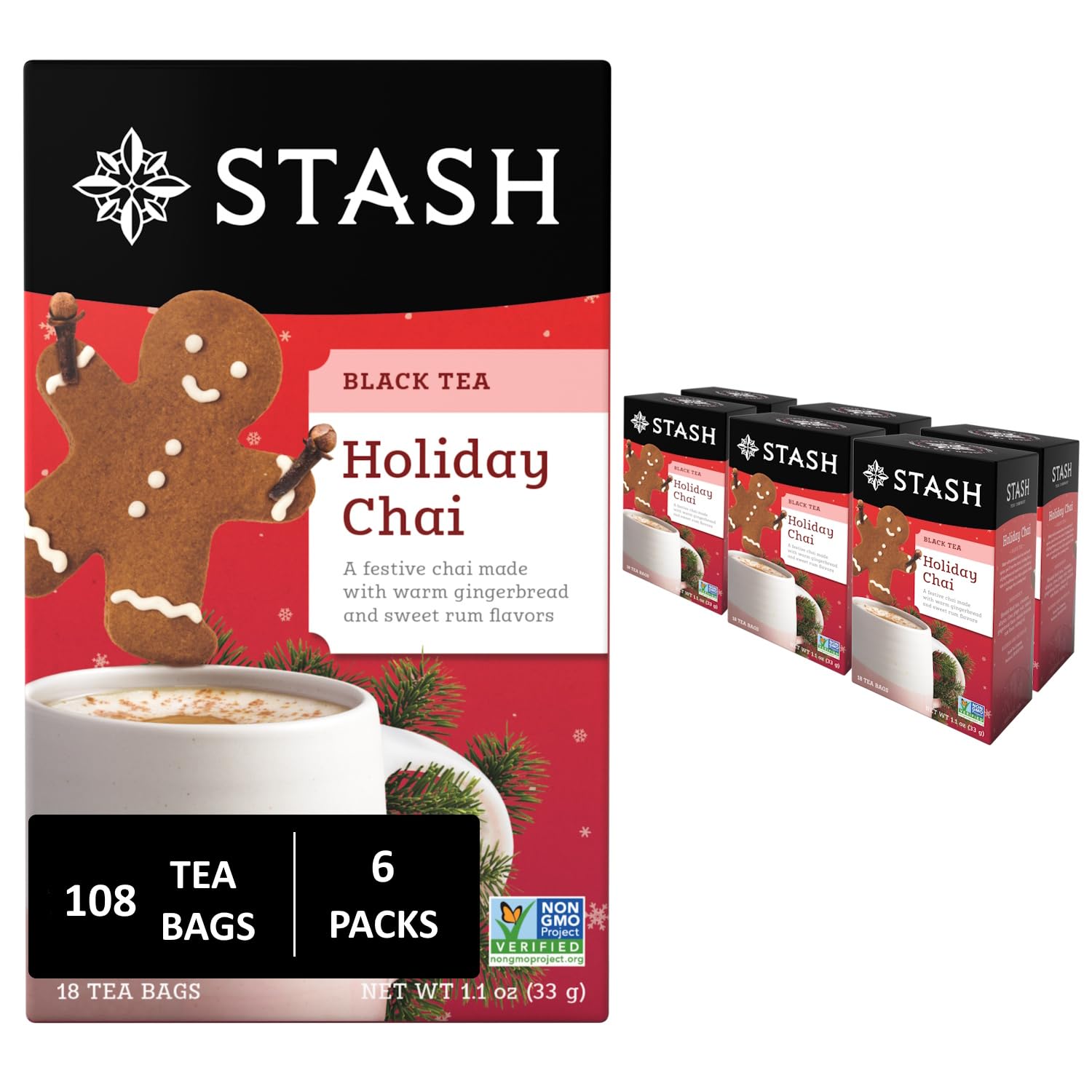 Stash Tea Holiday Chai Tea 18 Count Tea Bags (Pack of 6), Individual Spiced Black Tea Bags for Use in Teapots Mugs or Cups, Brew Hot Tea or Iced Tea