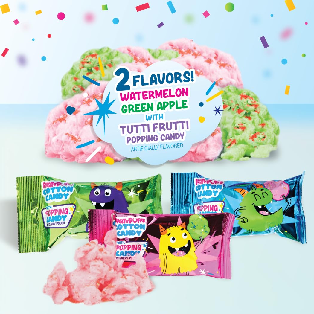 PartyPuffs Cotton Candy Variety Pack with Tutti Frutti Popping Candy - 12 Individually Wrapped .5oz Bags - Watermelon & Green Apple Flavors - Fun