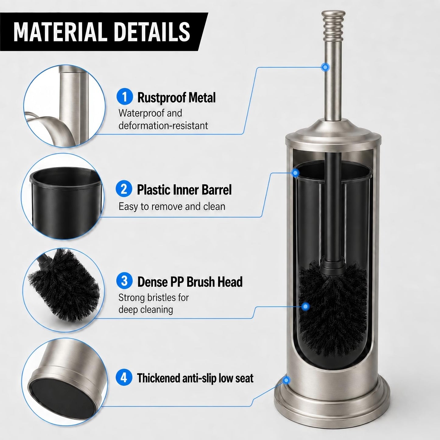 Nickel Toilet Brush and Holder Set?Extra Long Handled Toilet Bowl Brush and Holder?Stainless Steel Heavy Duty Toilet Brush for Bathroom,Deep Cleaning