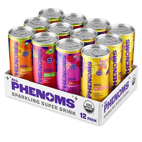 All Phenoms Sparkling Organic Prebiotic & Probiotic Drink - Adaptogen Mushroom Blend (Lions Mane & Reishi), L-Theanine, Caffeine, Fiber, B12, C, Zinc