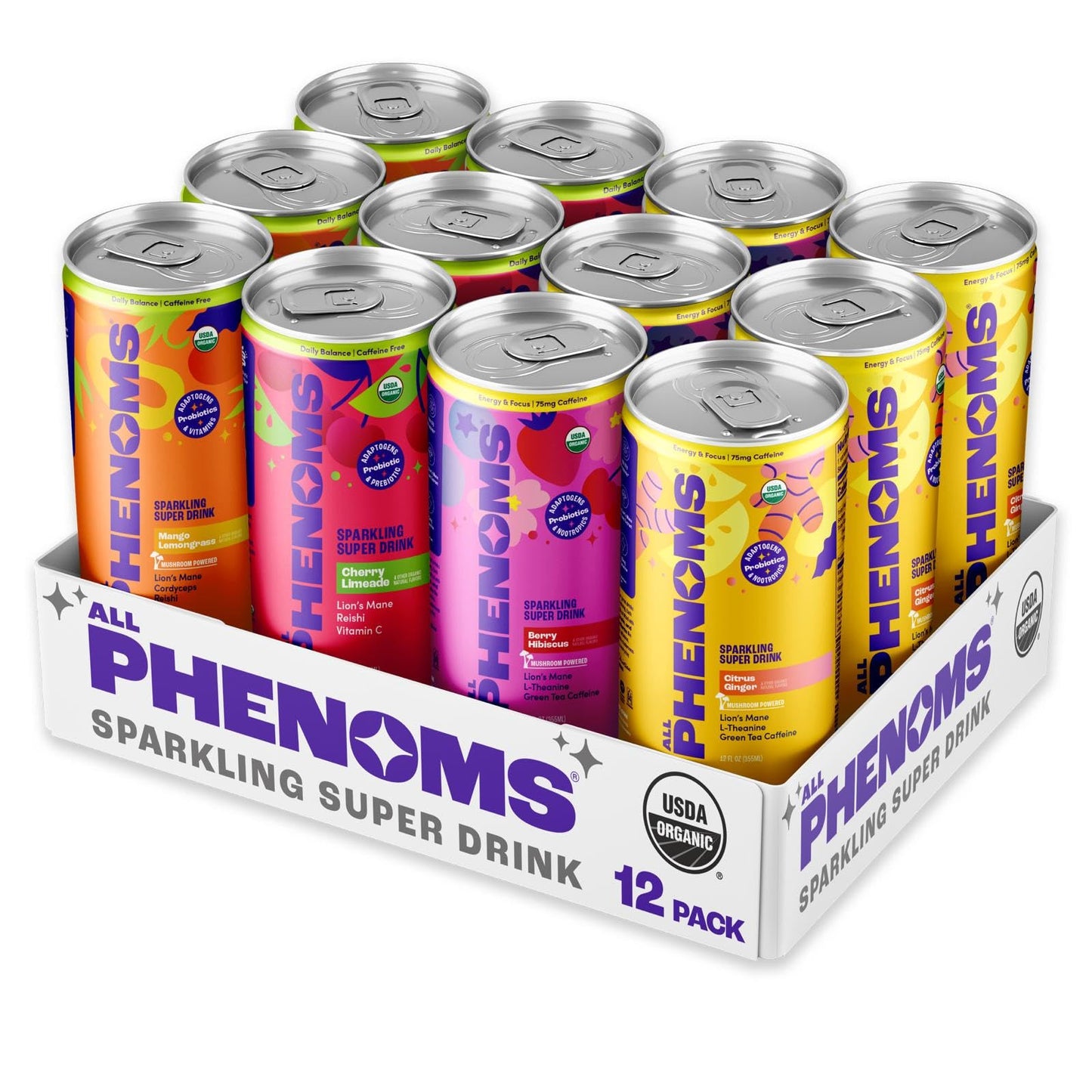 All Phenoms Sparkling Organic Prebiotic & Probiotic Drink - Adaptogen Mushroom Blend (Lions Mane & Reishi), L-Theanine, Caffeine, Fiber, B12, C, Zinc