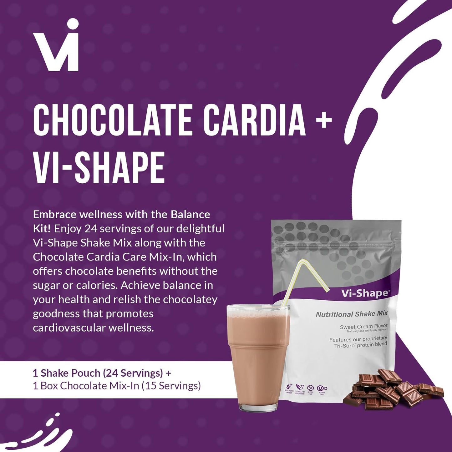 Chocolate Cardia + Vi-Shape - 1 Shake Pouch (24 Servings) + 1 Box Chocolate Mix-In (15 Servings) Delicious Chocolate Goodness, Formerly Known as