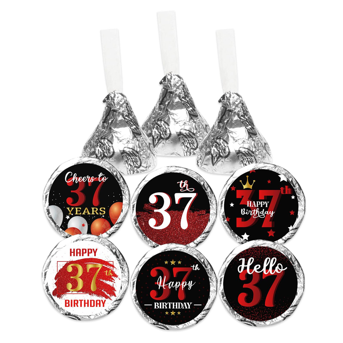 Happy 37th Birthday Party Favor Labels Chocolate Kisses Candy Stickers - Thirty Seven Years Old Birthday Round Candy Sticker Party Favors - Black