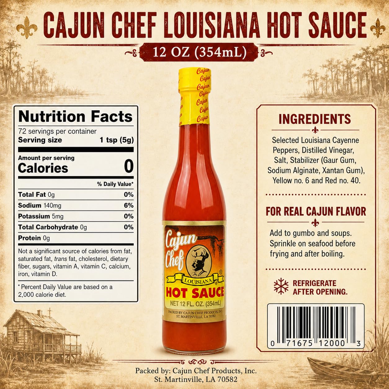 Cajun Chef Louisiana Hot Sauce 12 oz, Cajun Cayenne Pepper Sauce with Mild Heat, Louisiana Style Hot Sauce for Gumbo, Seafood, Soups, Wings, Pizza