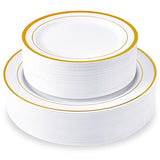 JollyPack 100 Piece Disposable Gold Plastic Party Plates, Including 50 10 Inch Dinner Plates and 50 7 Inch for Dessert, Great for Parties, Weddings