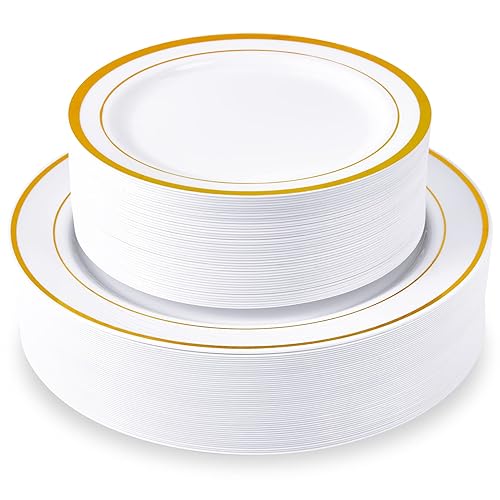 JollyPack 100 Piece Disposable Gold Plastic Party Plates, Including 50 10 Inch Dinner Plates and 50 7 Inch for Dessert, Great for Parties, Weddings