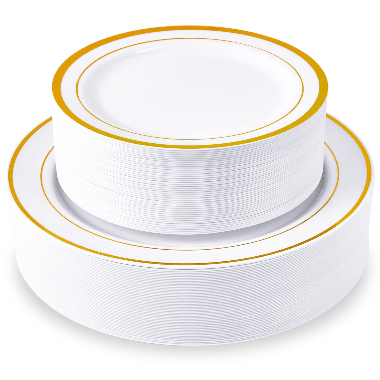 JollyPack 100 Piece Disposable Gold Plastic Party Plates, Including 50 10 Inch Dinner Plates and 50 7 Inch for Dessert, Great for Parties, Weddings
